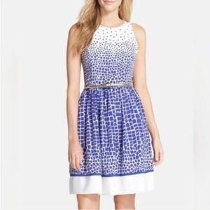 Eliza J Blue and White Mosaic Print Fit and Flare Knee Length Dress Size 14